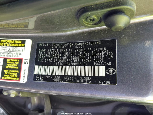 Aukcja sprzedaży 2024 Toyota Camry Le, vin: 4T1C11AK2RU916101, numer aukcji: 44999677