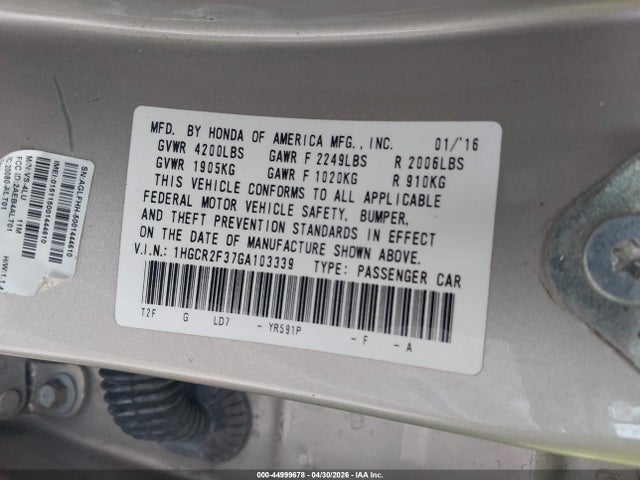 44999678 :رقم المزاد ، 1HGCR2F37GA103339 vin ، 2016 Honda Accord Lx مزاد بيع