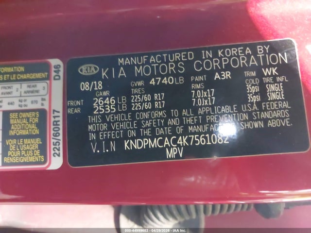 Продаж на аукціоні авто 2019 Kia Sportage Lx, vin: KNDPMCAC4K7561082, номер лоту: 44999683