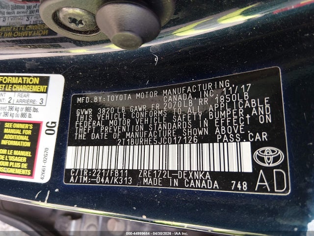 Aukcja sprzedaży 2018 Toyota Corolla Le, vin: 2T1BURHE5JC017126, numer aukcji: 44999684
