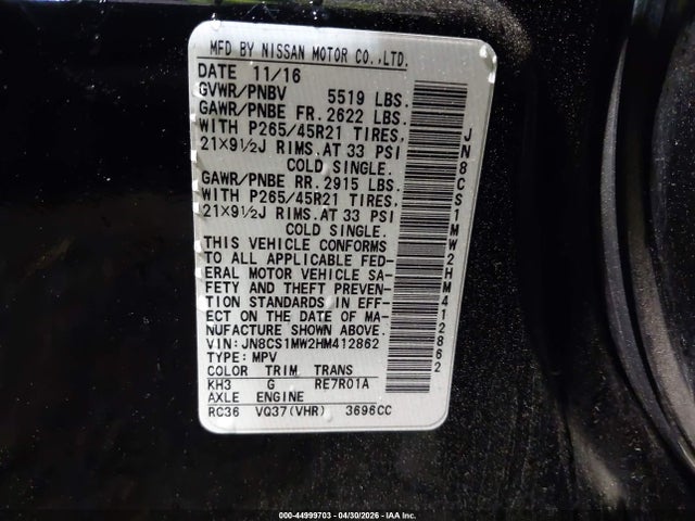 Aukcja sprzedaży 2017 Infiniti Qx70, vin: JN8CS1MW2HM412862, numer aukcji: 44999703
