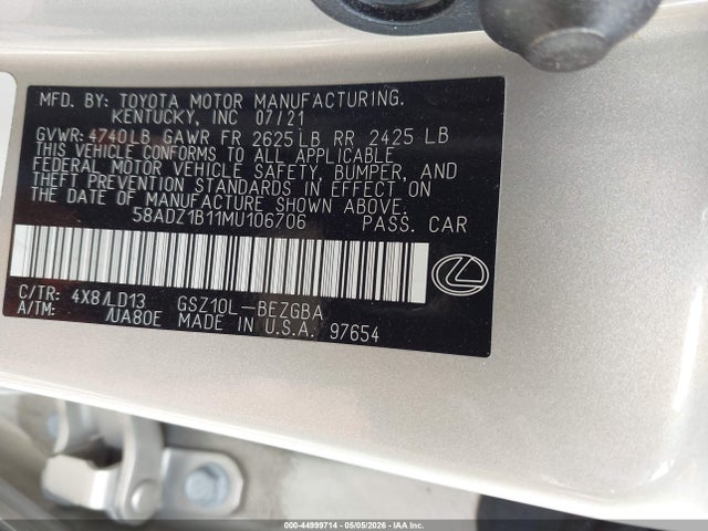 44999714 :رقم المزاد ، 58ADZ1B11MU106706 vin ، 2021 Lexus Es 350 مزاد بيع