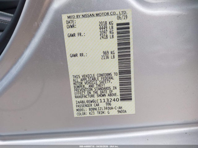 Aukcja sprzedaży 2020 Nissan Altima Sl Intelligent Awd, vin: 1N4BL4EW6LC113240, numer aukcji: 44999718