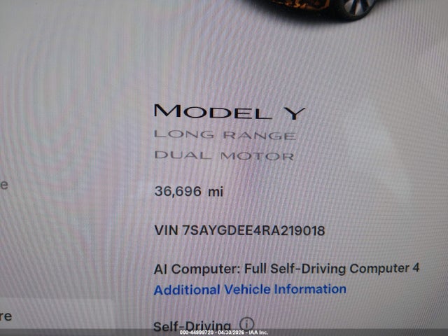 44999720 :رقم المزاد ، 7SAYGDEE4RA219018 vin ، 2024 Tesla Model Y Long Range Dual Motor All-wheel Drive مزاد بيع
