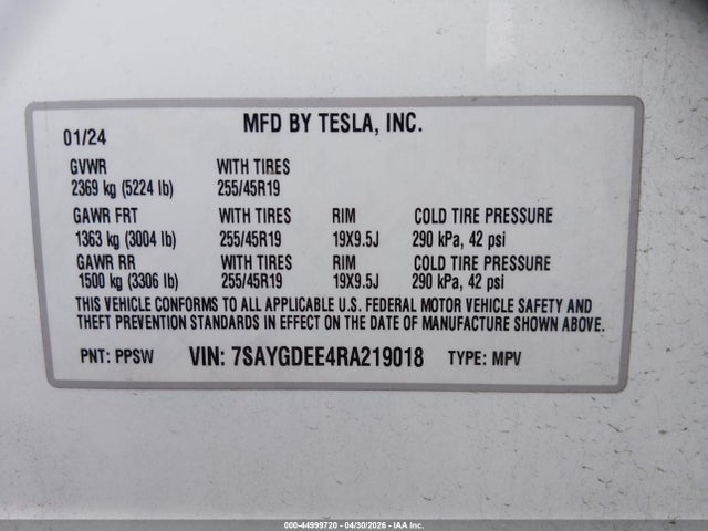 44999720 :رقم المزاد ، 7SAYGDEE4RA219018 vin ، 2024 Tesla Model Y Long Range Dual Motor All-wheel Drive مزاد بيع
