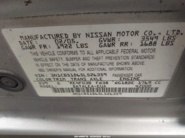 44999739 :رقم المزاد ، 3N1CB51D65L526359 vin ، 2005 Nissan Sentra 1.8s مزاد بيع