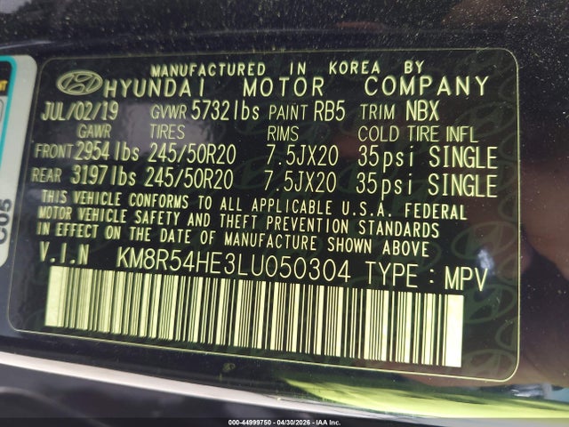 44999750 :رقم المزاد ، KM8R54HE3LU050304 vin ، 2020 Hyundai Palisade Limited مزاد بيع
