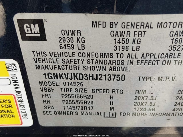 44999754 :رقم المزاد ، 1GNKVJKD3HJ213750 vin ، 2017 Chevrolet Traverse Premier مزاد بيع