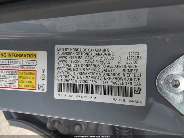 Honda CIVIC EX 2024 2HGFE1F72RH319626 Image 9