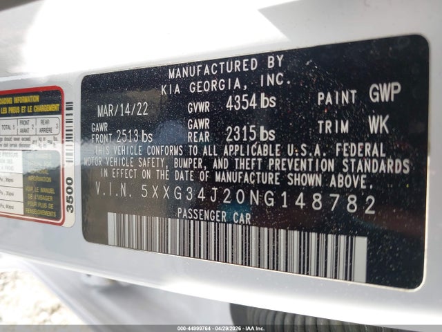 44999764 :رقم المزاد ، 5XXG34J20NG148782 vin ، 2022 Kia K5 Ex مزاد بيع