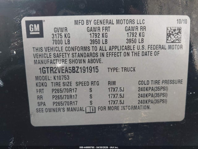 Aukcja sprzedaży 2011 Gmc Sierra 1500 Sle, vin: 1GTR2VEA5BZ191915, numer aukcji: 44999765