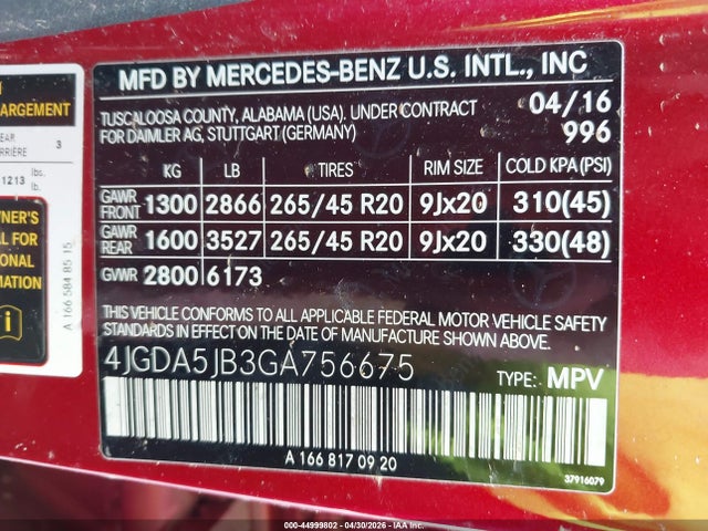 2016 Mercedes-benz Gle 350 მანქანა იყიდება აუქციონზე, vin: 4JGDA5JB3GA756675, აუქციონის ნომერი: 44999802