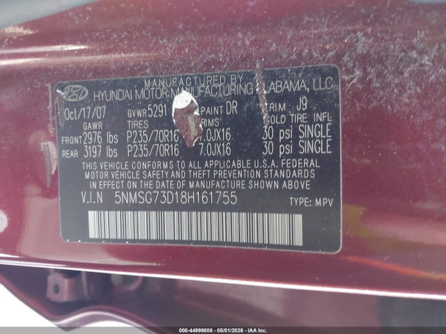 2008 Hyundai Santa Fe Gls მანქანა იყიდება აუქციონზე, vin: 5NMSG73D18H161755, აუქციონის ნომერი: 44999808
