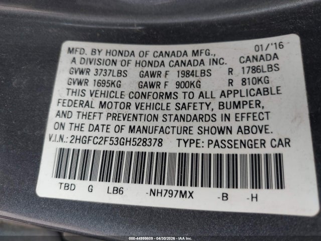 2016 Honda Civic Lx მანქანა იყიდება აუქციონზე, vin: 2HGFC2F53GH528378, აუქციონის ნომერი: 44999809