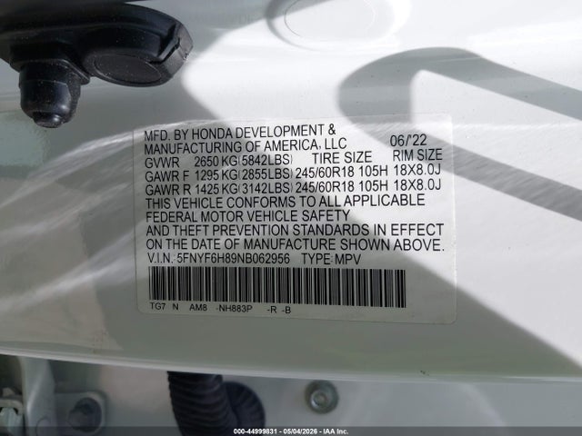2022 Honda Pilot Awd Trailsport მანქანა იყიდება აუქციონზე, vin: 5FNYF6H89NB062956, აუქციონის ნომერი: 44999831