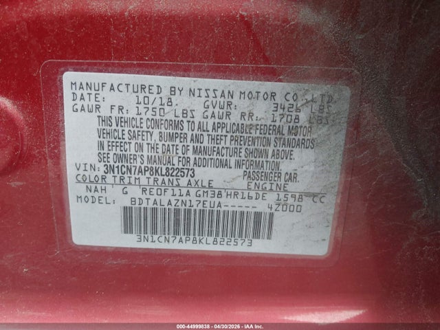 44999838 :رقم المزاد ، 3N1CN7AP8KL822573 vin ، 2019 Nissan Versa 1.6 S+ مزاد بيع