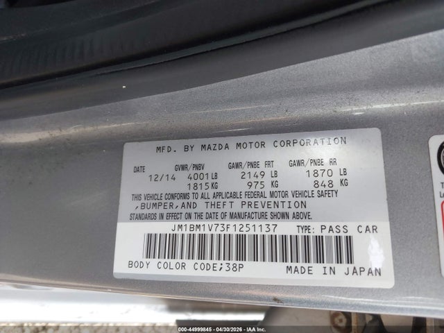 Aukcja sprzedaży 2015 Mazda Mazda3 I Touring, vin: JM1BM1V73F1251137, numer aukcji: 44999845