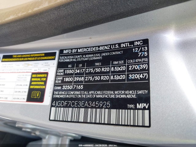 Aukcja sprzedaży 2014 Mercedes-benz Gl 450 4matic, vin: 4JGDF7CE3EA345925, numer aukcji: 44999852