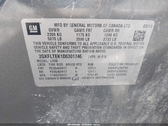 44999860 :رقم المزاد ، 2GKFLTEK1D6301746 vin ، 2013 Gmc Terrain Sle-2 مزاد بيع