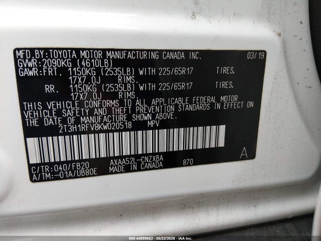 Aukcja sprzedaży 2019 Toyota Rav4 Le, vin: 2T3H1RFV8KW020518, numer aukcji: 44999862