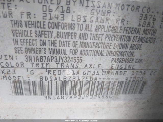 2018 Nissan Sentra S მანქანა იყიდება აუქციონზე, vin: 3N1AB7AP3JY324556, აუქციონის ნომერი: 44999885