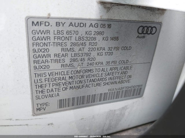 Aukcja sprzedaży 2017 Audi Q7 3.0t Premium, vin: WA1VABF70HD017611, numer aukcji: 44999887