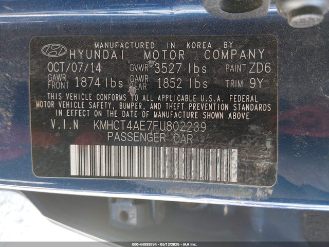 44999894 :رقم المزاد ، KMHCT4AE7FU802239 vin ، 2015 Hyundai Accent Gls مزاد بيع