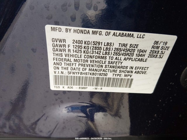 44999923 :رقم المزاد ، 5FNYF8H97KB019250 vin ، 2019 Honda Passport Touring مزاد بيع