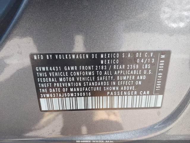 2013 Volkswagen Jetta Hybrid Sel Premium მანქანა იყიდება აუქციონზე, vin: 3VW637AJ5DM290916, აუქციონის ნომერი: 44999938