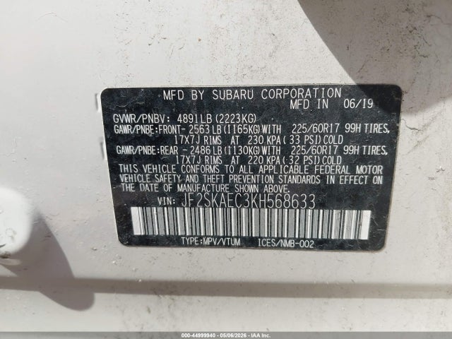 Aukcja sprzedaży 2019 Subaru Forester Premium, vin: JF2SKAEC3KH568633, numer aukcji: 44999940