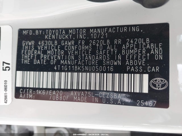 Продажа на аукционе авто 2022 Toyota Camry Se Awd, vin: 4T1G11BK5NU050016, номер лота: 44999947