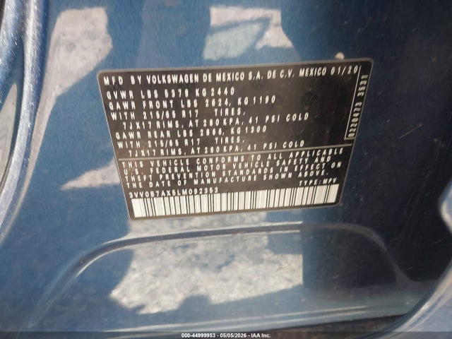 Aukcja sprzedaży 2020 Volkswagen Tiguan 2.0t S, vin: 3VV0B7AX5LM092353, numer aukcji: 44999953