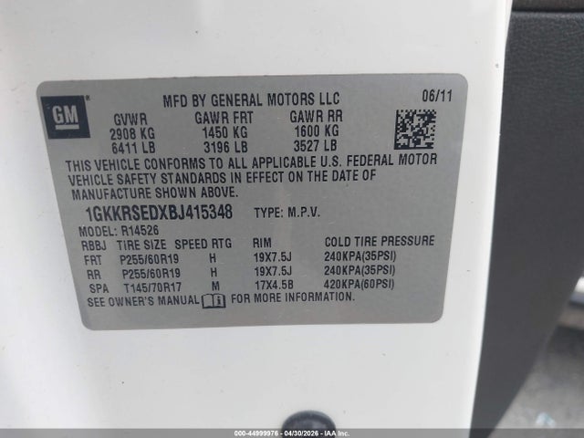 Aukcja sprzedaży 2011 Gmc Acadia Slt-2, vin: 1GKKRSEDXBJ415348, numer aukcji: 44999976