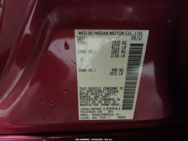 Продажа на аукционе авто 2013 Nissan Altima 2.5 Sl, vin: 1N4AL3APXDC149941, номер лота: 44999982