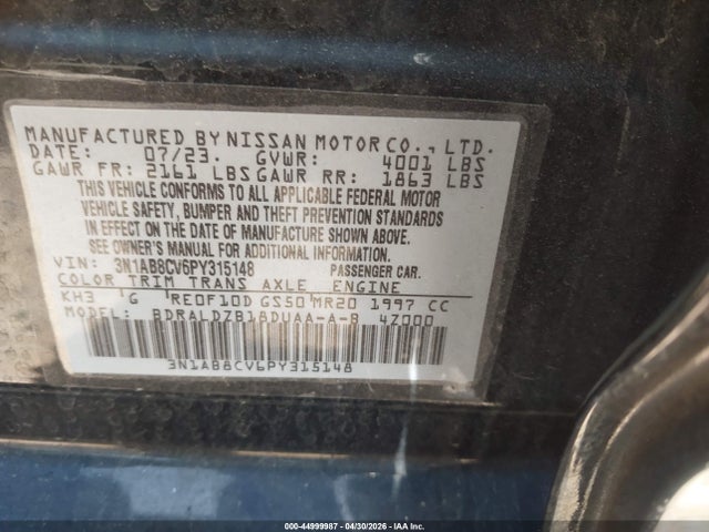 Продаж на аукціоні авто 2023 Nissan Sentra Sv Xtronic Cvt, vin: 3N1AB8CV6PY315148, номер лоту: 44999987