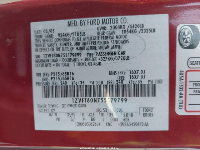 Aukcja sprzedaży 2005 Ford Mustang V6 Deluxe/v6 Premium, vin: 1ZVFT80N755179799, numer aukcji: 44999994
