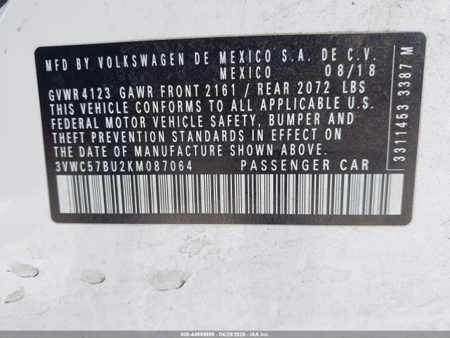 44999999 :رقم المزاد ، 3VWC57BU2KM087064 vin ، 2019 Volkswagen Jetta 1.4t R-line/1.4t S/1.4t Se مزاد بيع