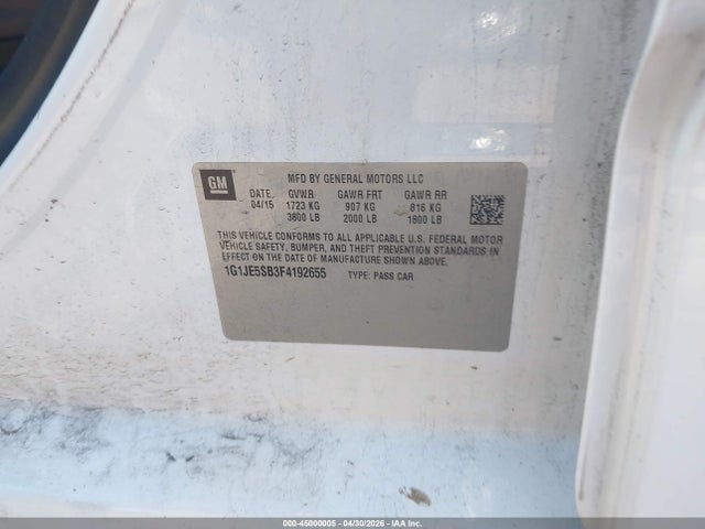 Aukcja sprzedaży 2015 Chevrolet Sonic Ltz Auto, vin: 1G1JE5SB3F4192655, numer aukcji: 45000005