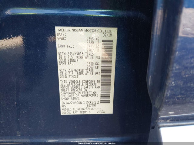 Auction sale of the 2019 Nissan Murano S, vin: 5N1AZ2MS0KN120352, lot number: 45000008