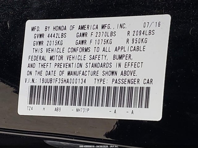 Продаж на аукціоні авто 2017 Acura Tlx, vin: 19UUB1F35HA000134, номер лоту: 45000010