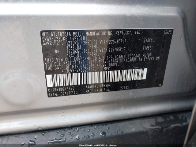 2025 Toyota Rav4 Hybrid Le მანქანა იყიდება აუქციონზე, vin: 4T3LWRFV4SU208190, აუქციონის ნომერი: 45000011