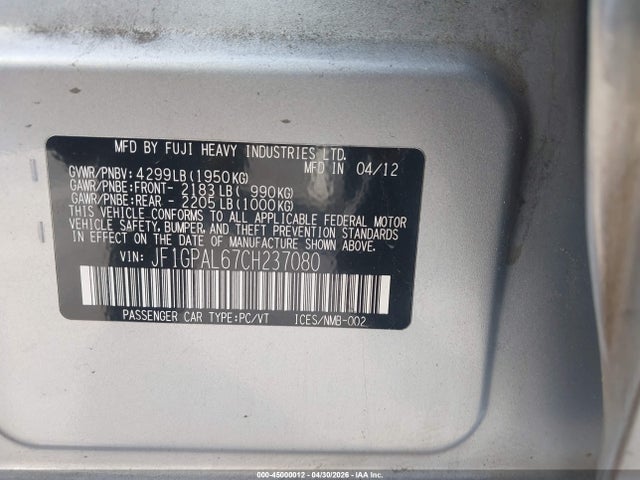 Aukcja sprzedaży 2012 Subaru Impreza 2.0i Sport Premium, vin: JF1GPAL67CH237080, numer aukcji: 45000012