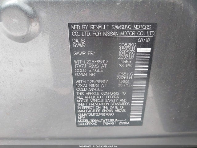 Продажа на аукционе авто 2018 Nissan Rogue Sv, vin: KNMAT2MT2JP617890, номер лота: 45000013