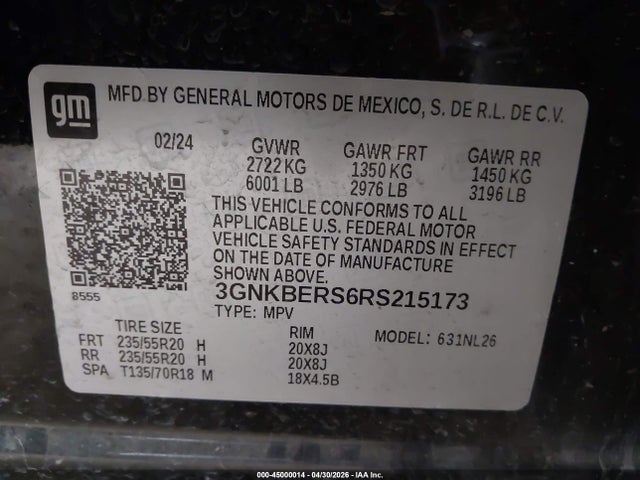 45000014 :رقم المزاد ، 3GNKBERS6RS215173 vin ، 2024 Chevrolet Blazer Fwd Rs مزاد بيع