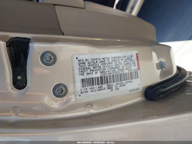 2000 Toyota Camry Xle V6 მანქანა იყიდება აუქციონზე, vin: JT2BF28K3Y0251737, აუქციონის ნომერი: 45000026
