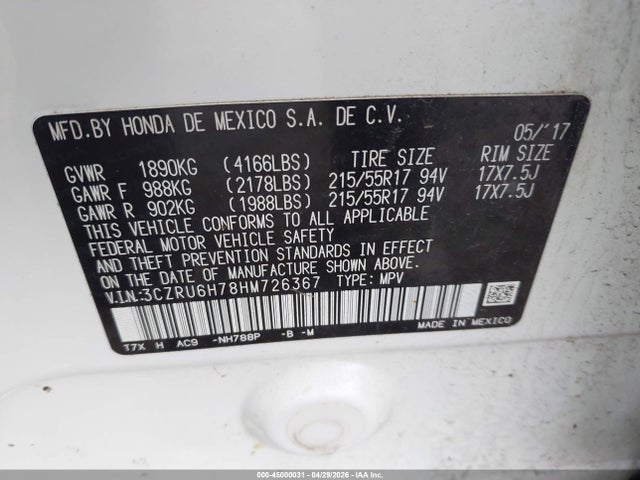Продаж на аукціоні авто 2017 Honda Hr-v Ex-l, vin: 3CZRU6H78HM726367, номер лоту: 45000031
