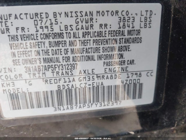 Aukcja sprzedaży 2015 Nissan Sentra S, vin: 3N1AB7AP5FY312397, numer aukcji: 45000037