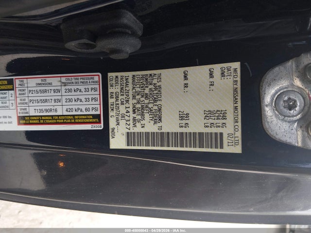 2011 Nissan Altima 2.5 S მანქანა იყიდება აუქციონზე, vin: 1N4AL2EP2BC147327, აუქციონის ნომერი: 45000043