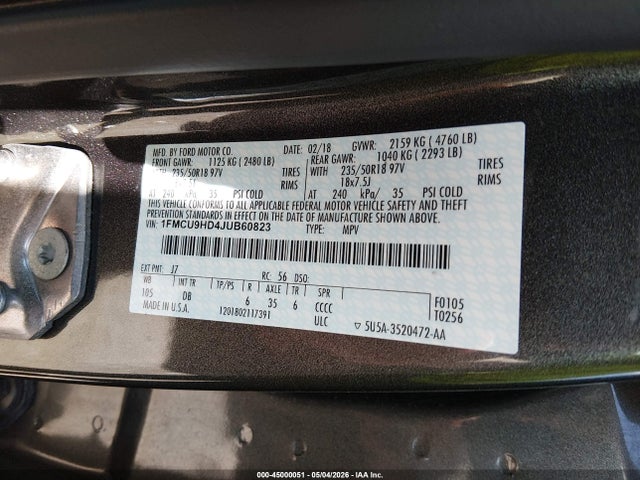 Aukcja sprzedaży 2018 Ford Escape Sel, vin: 1FMCU9HD4JUB60823, numer aukcji: 45000051
