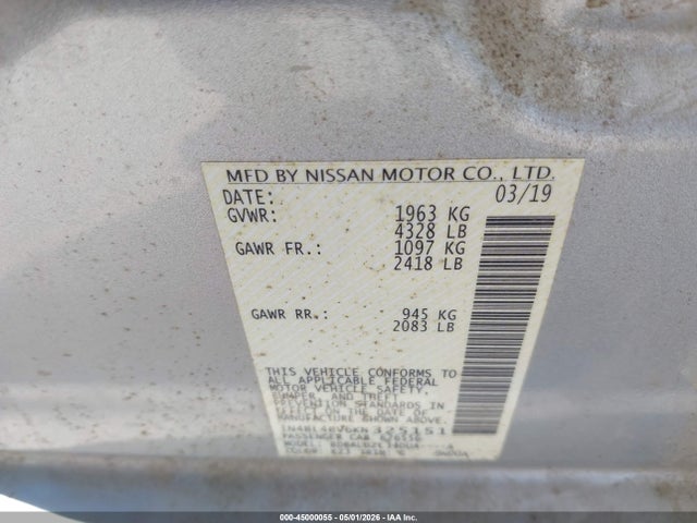 2019 Nissan Altima 2.5 S მანქანა იყიდება აუქციონზე, vin: 1N4BL4BV6KN325151, აუქციონის ნომერი: 45000055